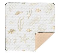 Tappetino da gioco pieghevole per bambini, leggero, da viaggio, con disegno a linea, meduse, stelle marine, oro e bianco, 127 x 127 cm