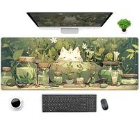 Tappetino da scrivania con gatto bianco Kawaii con foglie verdi e foglie di gatto bianco grande tappetino per mouse da gaming, XL tappetino per mouse esteso accessori da scrivania per donne