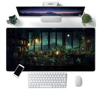 Tappetino da scrivania con piante verdi e gatto carino, XXL, stile anime, tappetino per mouse da gioco estetico Lofi, tappetino per mouse da scrivania completa, tappetino per mouse e tastiera,