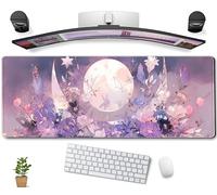 Tappetino da scrivania kawaii con motivo floreale viola pastello grande, tappetino per mouse da gioco, con luna piena spirituale, XL, esteso tappetino da scrivania per computer portatile, tappetino