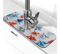 Tappetino di carta blu e arancione con gru per lavello e rubinetto, ventosa per rubinetto della cucina, tappetino antigoccia per bagno (38,1 x 14 cm)