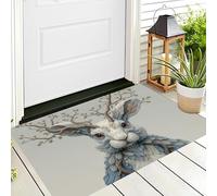 Tappetino Entrata Blu Bianco Coniglio Sul Ramo Di Un Albero Zerbino Dipinto Ad Olio Di Animali Zerbini Di Benvenuto Per Cucina Interno Terrazzo Posteriori Esterno Porte Anteriori La Casa,40X60Cm