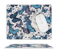 Tappetino Mouse 25X30CM, Blue Butterfly And White Cat Mouse Pad Uso Prolungato Tappetino Scrivania Durevole Mousepad per Ufficio Scrivania Computer
