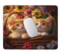 Tappetino Mouse Gatto e cestino di bambù Impermeabile 29 x 24 cm w-646 | Base Gomma Morbida Antiscivolo, Tessuto Poliestere, Asciugatura Veloce, per Scrivanie Legno e Vetro, Viaggi Lavorativi