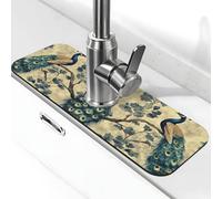 Tappetino paraspruzzi per lavello con tre pavoni sul ramo, con ventosa per rubinetto della cucina, maniglia del rubinetto, vassoio raccogli gocce per bagno (38,1 x 14 cm)