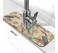 Tappetino paraspruzzi per lavello con tre uccellini con piume blu, con ventosa, per rubinetto della cucina, maniglia del rubinetto, vassoio raccogli gocce per bagno (38,1 x 14 cm)