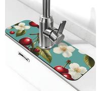 Tappetino paraspruzzi per lavello da cucina, tappetino per rubinetto, frutta rossa ciliegia e fiori, super assorbente, ad asciugatura rapida, per cucina, bagno, 38,1 x 14 cm