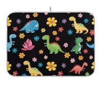 Tappetino per asciugare i piatti con simpatici dinosauri e fiori, 45,7 x 40,6 cm, assorbente, reversibile, tappetino protettivo per piano di lavoro