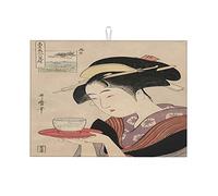 Tappetino per asciugare i piatti, morbido e piccolo, raffigurante una donna giapponese che serve il tè, in legno massello, 16 x 18 pollici.