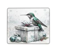 Tappetino per il mouse con colibrì invernale, design verde e blu con uccellini e fiocchi di neve, bordo cucito, antiscivolo, tappetino per il mouse per casa e ufficio, quadrato, 20 x 25 cm