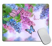 Tappetino per il mouse, motivo: farfalle, motivo primaverile, blu, viola, lilla, fiori con foglie verdi, tappetino per mouse rettangolare in gomma antiscivolo, per computer portatile da ufficio, casa,