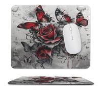 Tappetino per Il Mouse Watercolor Ink Red Butterfly Rose Bordi Cuciti Tampone per Mouse Superficie Liscia Gaming Mousepad per Laptop Computer Pc 25X30Cm