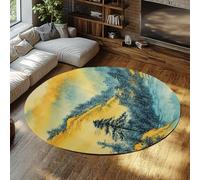 Tappetino per il pavimento a lavaggio dell'inchiostro cinese 150cm - Paesaggio blu e giallo con montagne e alberi tappeti rotondi a pelo basso per la stanza di studio e lo spazio meditazione