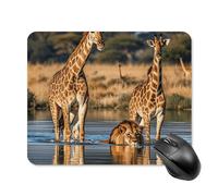 Tappetino per Mouse Animals Swimming in A Lake Lion And Giraffe Tappetino Mouse Lavabile Base Antiscivolo in Gomma Sottomano, per Computer, Laptop, Gaming Mouse, 25x30cm