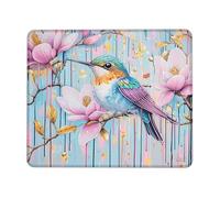 Tappetino per mouse artistico con colibrì primaverile, design floreale vibrante pesca e blu, bordo cucito, tappetino per il mouse in gomma antiscivolo lavabile, tappetino per mouse da gioco per casa e