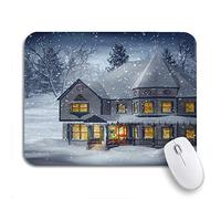 Tappetino per Mouse Blue Snow Night Winter Scenery House Dark Tappetino Mouse Base Antiscivolo in Gomma Facile da Pulire Sottomano, per Computer, Laptop, 25 x 30cm