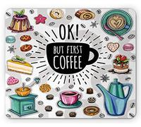 Tappetino per Mouse But First Coffee Group of Foods And Drinks Scattered Around Coffee Mug Tasty Pastry Tappetino Mouse Confortevole Mousepad Forma Rettangolare, per Casa, Ufficio, 25x30cm