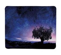 Tappetino per mouse Cielo notturno, Cielo stellato Stelle cosmo con singolo cespuglio Albero tra le rocce Opere decorative, viola scuro e bordo cucito nero