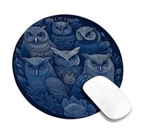 Tappetino per mouse circolare con gufi nella notte blu, design di gufi blu navy a tema natura con dettagli floreali, tappetino per mouse antiscivolo e lavabile per uso domestico e in ufficio, perfe