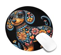 Tappetino per mouse colorato con bassotto floreale, sfondo nero, design con simpatico cane, in gomma antiscivolo, comodo, tappetino per mouse da gioco per casa e ufficio, rotondo, 20 x 20 cm