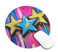 Tappetino per mouse colorato con tre stelle, design con stelle blu e gialle e bordo cucito, tappetino per mouse in gomma antiscivolo lavabile per uso domestico e ufficio, rotondo, 20 x 20 cm