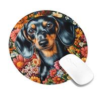 Tappetino per mouse con bassotto, motivo con cane nero marrone chiaro tra fiori colorati, bordo cucito, antiscivolo, per casa, ufficio, gioco, rotondo, 20,3 x 20,3 cm