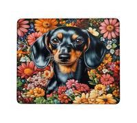 Tappetino per mouse con bassotto, motivo con cane nero marrone chiaro tra fiori colorati, bordo cucito, antiscivolo, per casa, ufficio, gioco, quadrato, 20,3 x 25,4 cm