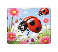 Tappetino per mouse con bordo cucito, comodo, impermeabile, antiscivolo, tappetino per mouse da gioco, motivo coccinella e fiore, quadrato, lavabile, per ufficio, casa, laptop, 25,4 x 30,5 cm