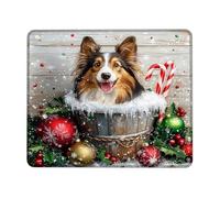 Tappetino per mouse con cane natalizio in un secchio, design festivo rosso e verde, antiscivolo, lavabile, tappetino per mouse da gioco per casa e ufficio, quadrato, 20,3 x 25,4 cm