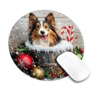 Tappetino per mouse con cane natalizio in un secchio, design festivo rosso e verde, antiscivolo, lavabile, tappetino per mouse da gioco per casa e ufficio, rotondo, 20 x 20 cm