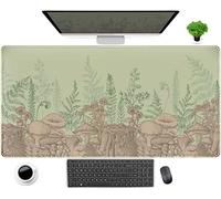 Tappetino per mouse con foglie verdi, tappetino da scrivania beige con foresta e funghi XXL, grande tappetino per mouse da gioco esteso 80 x 40 cm, fantastico tappetino per mouse per computer