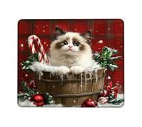 Tappetino per mouse con gatto natalizio in un secchio di legno, design natalizio rosso e verde, tappetino per mouse antiscivolo con bordo cucito, per casa e ufficio, computer portatile, quadrato, 20,3
