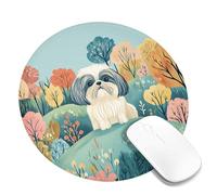 Tappetino per mouse con motivo autunnale Shih Tzu, simpatico cane artistico su sfondo colorato della natura, bordo cucito, antiscivolo, per casa, ufficio e gioco, rotondo, 20,3 x 20,3 cm