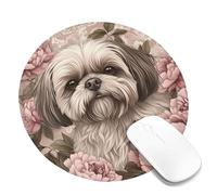 Tappetino per mouse con motivo floreale vintage con Shih Tzu, per la primavera, decorativo, per studio, antiscivolo, lavabile, per casa e ufficio, rotondo, 20,3 x 20,3 cm