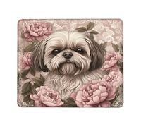 Tappetino per mouse con motivo floreale vintage con Shih Tzu, per la primavera, decorativo, per studio, antiscivolo, lavabile, per casa e ufficio, quadrato, 20,3 x 25,4 cm