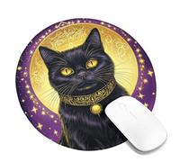 Tappetino per mouse con motivo gatto mistico, occhi dorati su sfondo di luna viola, design elegante strega per Halloween, ufficio e casa, tappetino per mouse da gioco rotondo, 20,3 x 20,3 cm