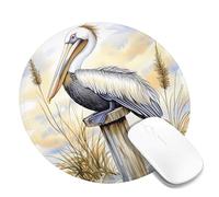 Tappetino per mouse con pellicano costiero, beige naturale, design con uccellini, tappetino per mouse in gomma antiscivolo, lavabile, accessorio da ufficio per casa e lavoro, rotondo, 20,3 x 20,3 cm
