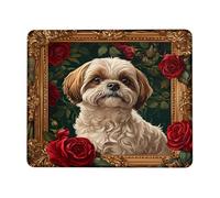 Tappetino per mouse con ritratto di cane floreale, rose rosse con arte Shih Tzu crema, design vintage elegante per computer di casa e ufficio, tappetino per mouse da gioco antiscivolo lavabile