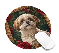 Tappetino per mouse con ritratto di cane floreale, rose rosse con arte Shih Tzu crema, design vintage elegante per computer di casa e ufficio, tappetino per mouse antiscivolo lavabile da gioco rotondo