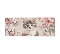 Tappetino per mouse con scritta "The Little Cat is Among The Pink Flowers", grande tappetino per mouse con base in gomma antiscivolo e bordi cuciti, per gaming, PC, desktop, grande, 30 x 80 cm