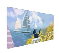 Tappetino per mouse da gioco Cat and Sailboat Design (1200x600mm) | Bordi cuciti e superficie facile da pulire per l'uso domestico e in ufficio