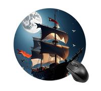 Tappetino per mouse da gioco con barca a vela pirata e luna piena, portatile, rotondo, carino, piccolo, decorativo, antiscivolo, per casa, ufficio, lavoro, 19 x 20 cm
