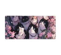 Tappetino per mouse da gioco con motivo a gatto e fiori kawaii, base in gomma antiscivolo, 2XL, con bordi cuciti, impermeabile, lavabile, per scrivania, casa, ufficio, giochi, 16x35,5 pollici