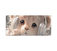 Tappetino per mouse da gioco con simpatico cucciolo di leone e cuffie, base in gomma antiscivolo, 3XL, con bordi cuciti, impermeabile e lavabile, per scrivania, casa, ufficio, giochi, 35,5"x16"