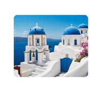 Tappetino per mouse da gioco con vista panoramica sulle tradizionali case bianche e le cupole blu delle Cicladi nel villaggio di Oia, isola di Santorini, Grecia. Tappetino in gomma antiscivolo per