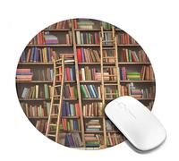 Tappetino per mouse da gioco, divertente, collezione di libri e scale con stampa a scala, tappetino per mouse rotondo con base in gomma antiscivolo, con bordi cuciti resistenti, per computer, laptop,