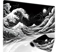 Tappetino per mouse da gioco esteso nero e bianco The Great Wave, tappetino da scrivania giapponese Ukiyo-e Fuji, impermeabile, antiscivolo, grande, XXL, con bordi cuciti, per casa e ufficio, 80 x 40