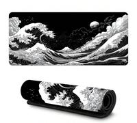Tappetino per mouse da gioco extra large con motivo dell'onda giapponese - base in gomma antiscivolo e lavabile, con un design vibrante in bianco e nero della "Grande onda di Kanagawa", ideale per gam