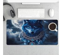 Tappetino per mouse da gioco grande con collana acchiappasogni Blue Wolf, 12x24 pollici, tappetino da scrivania esteso con base in gomma antiscivolo, tastiera e mouse per computer impermeabili, per u