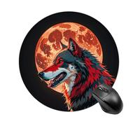 Tappetino per mouse da gioco, impermeabile, con base in gomma antiscivolo, lavabile, personalizzato, con luna rossa, lupo, accessori da scrivania, per ufficio, casa, viaggi, rotondo, rotondo